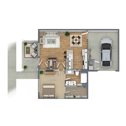 A floor plan of a house with a living room, dining room, kitchen, and a car garage.